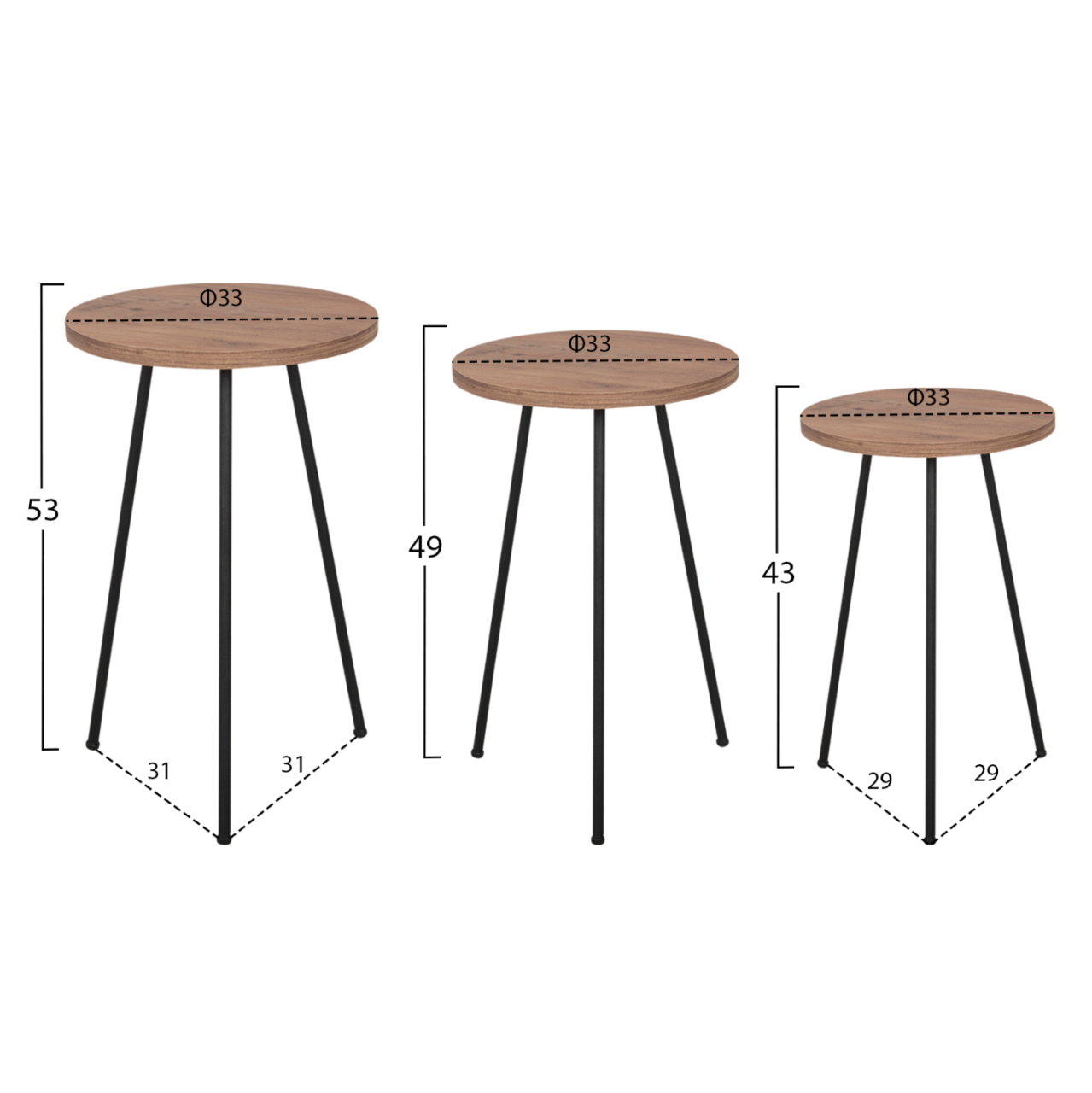 SET OF 3 ROUND SIDE TABLES KISSA HM18174.04 MELAMINE IN NATURAL WOOD COLOR-BLACK METAL LEGS [2]
