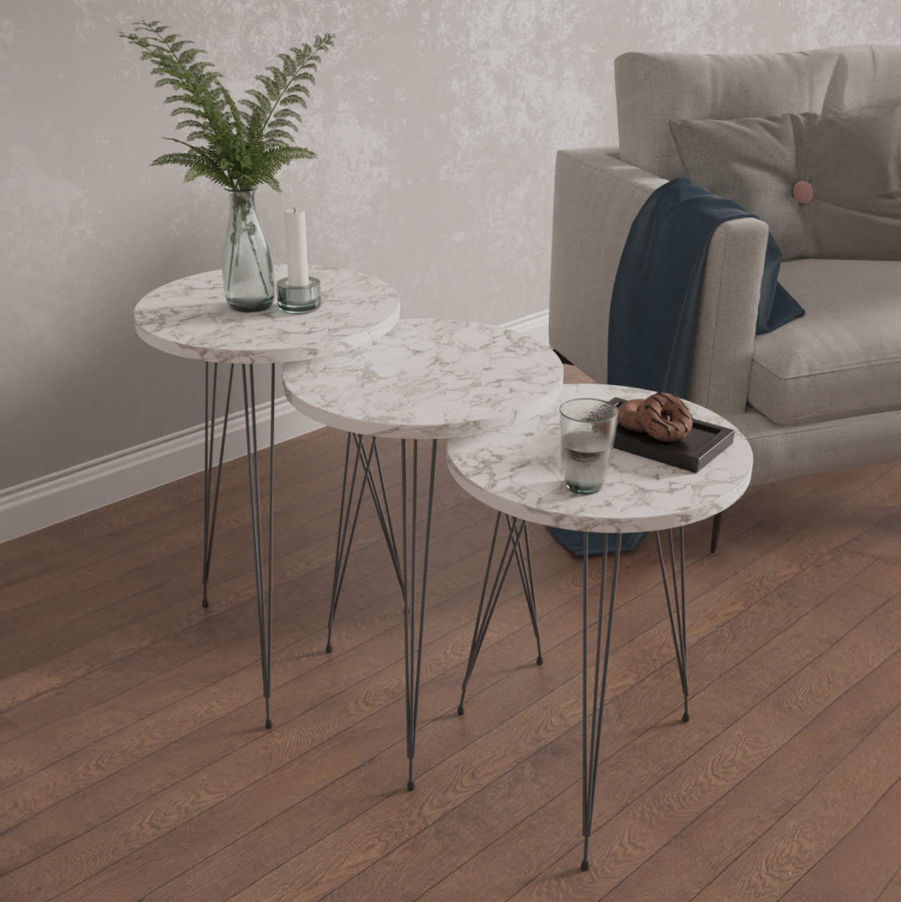 SET OF 3 ROUND SIDE TABLES NISSA HM18173.01 MELAMINE IN WHITE MARBLE-BLACK METAL LEGS [3]