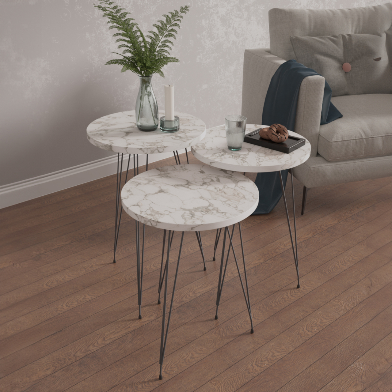 SET OF 3 ROUND SIDE TABLES NISSA HM18173.01 MELAMINE IN WHITE MARBLE-BLACK METAL LEGS [2]