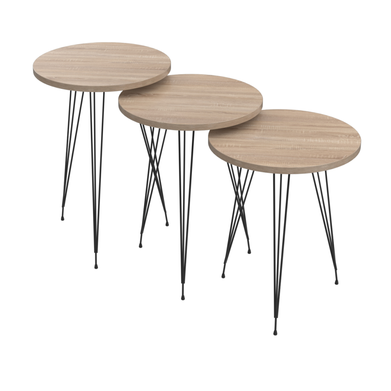 SET OF 3 ROUND SIDE TABLES NISSA HM18173.03 MELAMINE IN SONAMA-BLACK METAL LEGS [2]