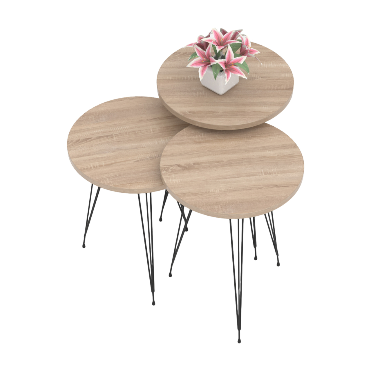 SET OF 3 ROUND SIDE TABLES NISSA HM18173.03 MELAMINE IN SONAMA-BLACK METAL LEGS [3]