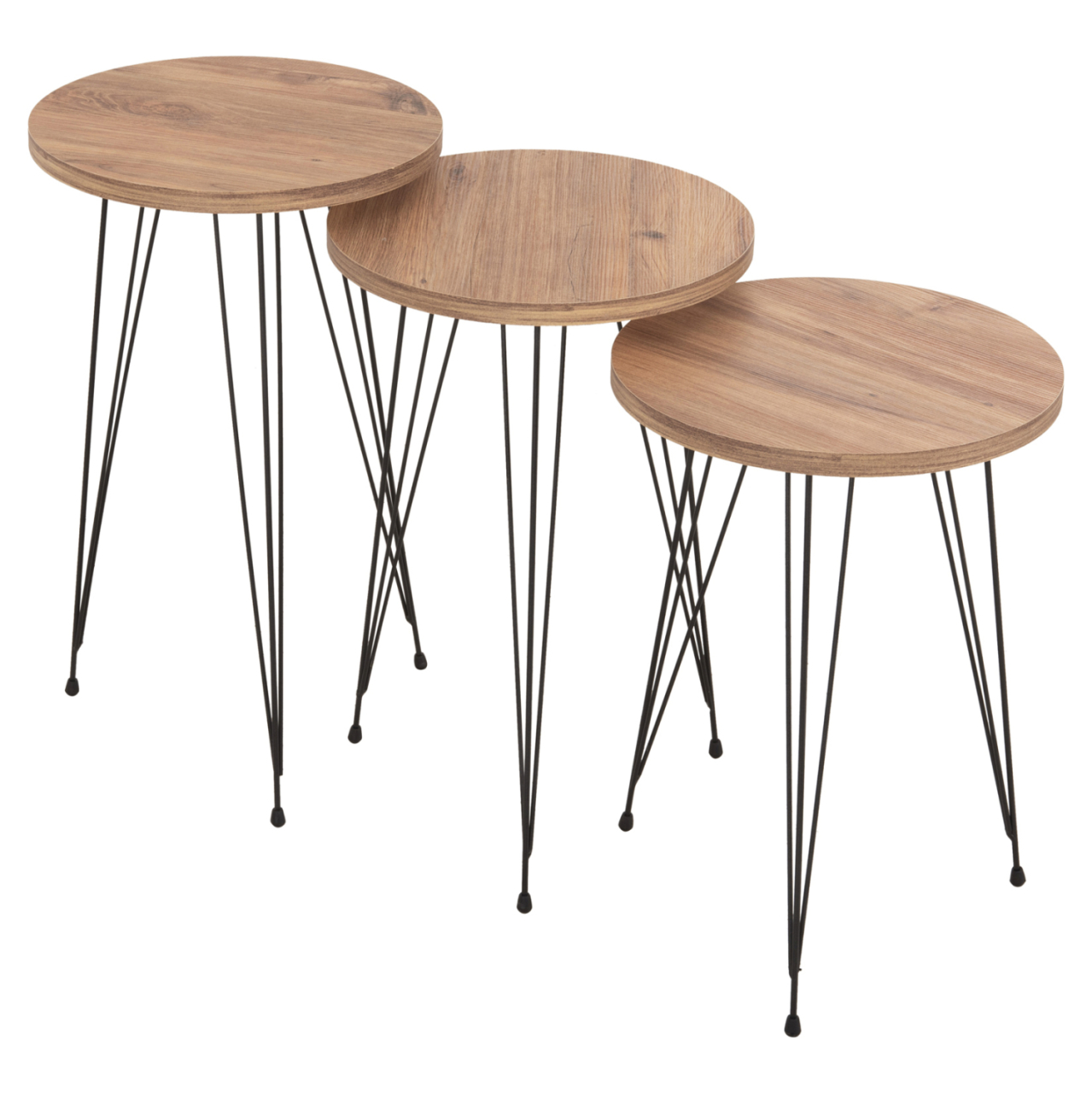SET OF 3 ROUND SIDE TABLES NISSA HM18173.04 MELAMINE IN NATURAL WOOD COLOR-BLACK METAL LEGS [3]