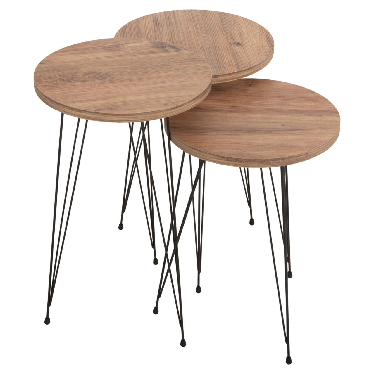 SET OF 3 ROUND SIDE TABLES NISSA HM18173.04 MELAMINE IN NATURAL WOOD COLOR-BLACK METAL LEGS [9]