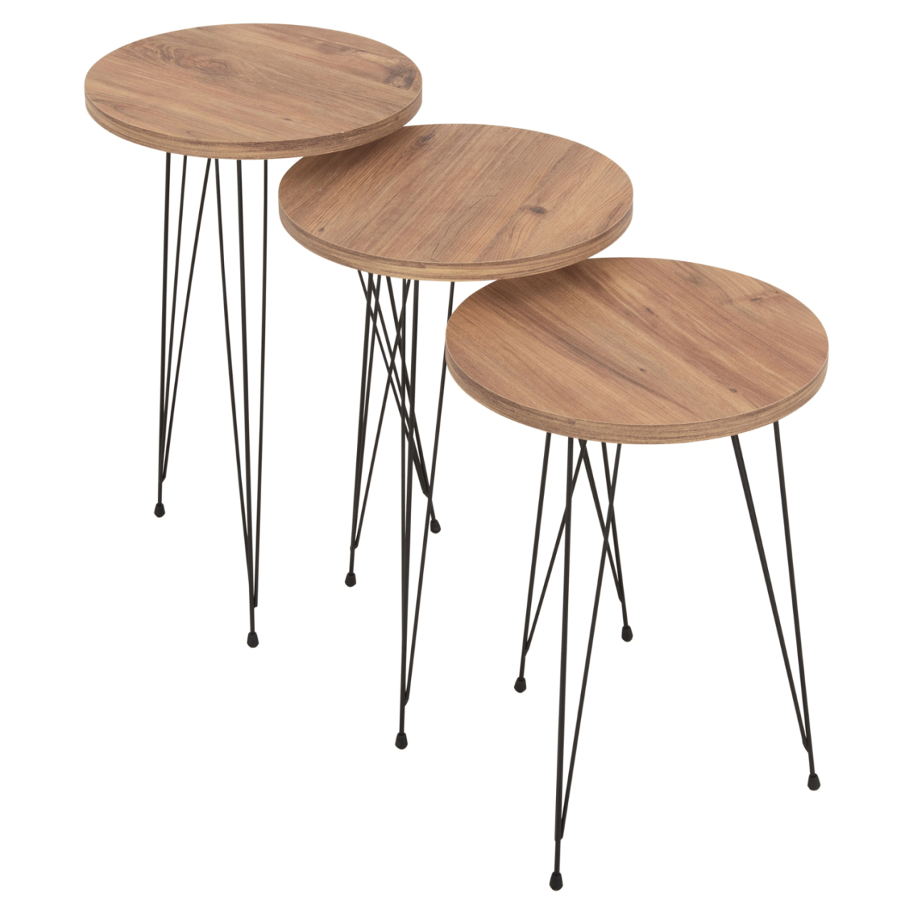 SET OF 3 ROUND SIDE TABLES NISSA HM18173.04 MELAMINE IN NATURAL WOOD COLOR-BLACK METAL LEGS [8]