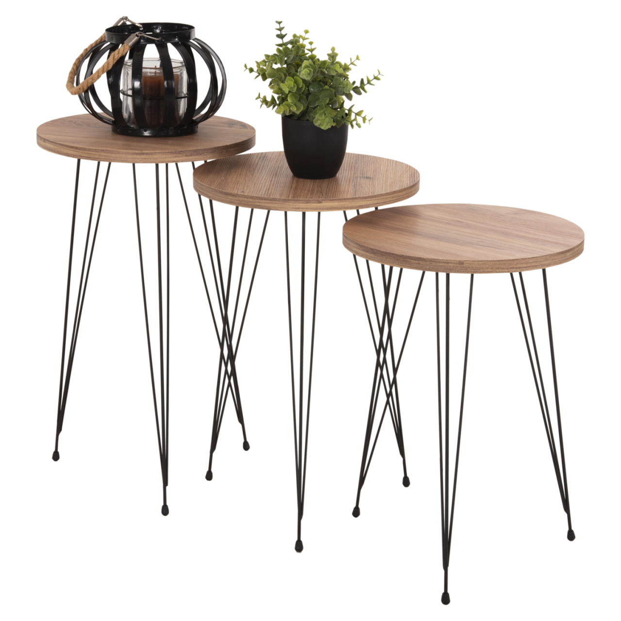 SET OF 3 ROUND SIDE TABLES NISSA HM18173.04 MELAMINE IN NATURAL WOOD COLOR-BLACK METAL LEGS [7]