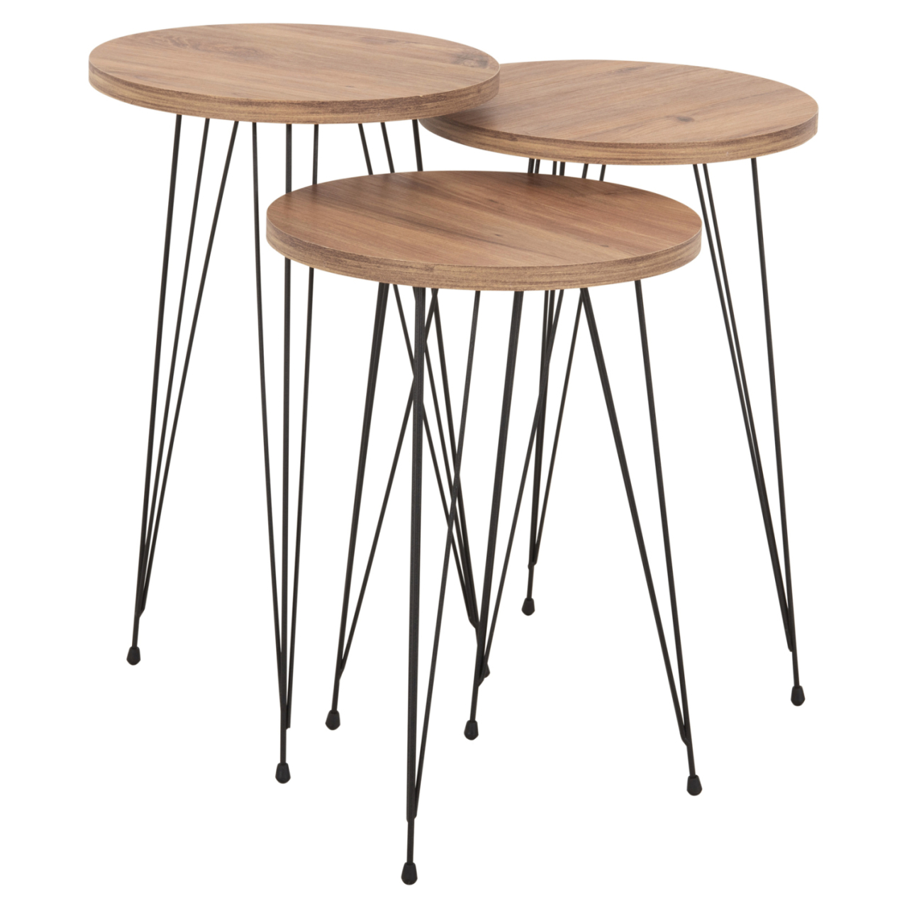 SET OF 3 ROUND SIDE TABLES NISSA HM18173.04 MELAMINE IN NATURAL WOOD COLOR-BLACK METAL LEGS [4]