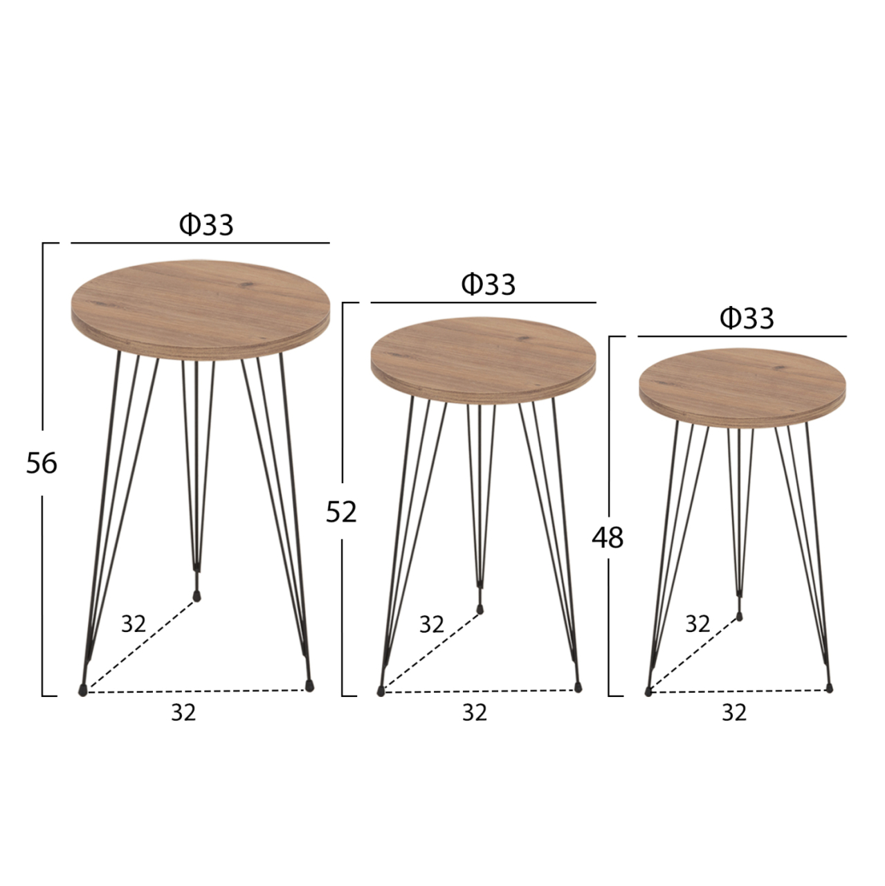 SET OF 3 ROUND SIDE TABLES NISSA HM18173.04 MELAMINE IN NATURAL WOOD COLOR-BLACK METAL LEGS [2]