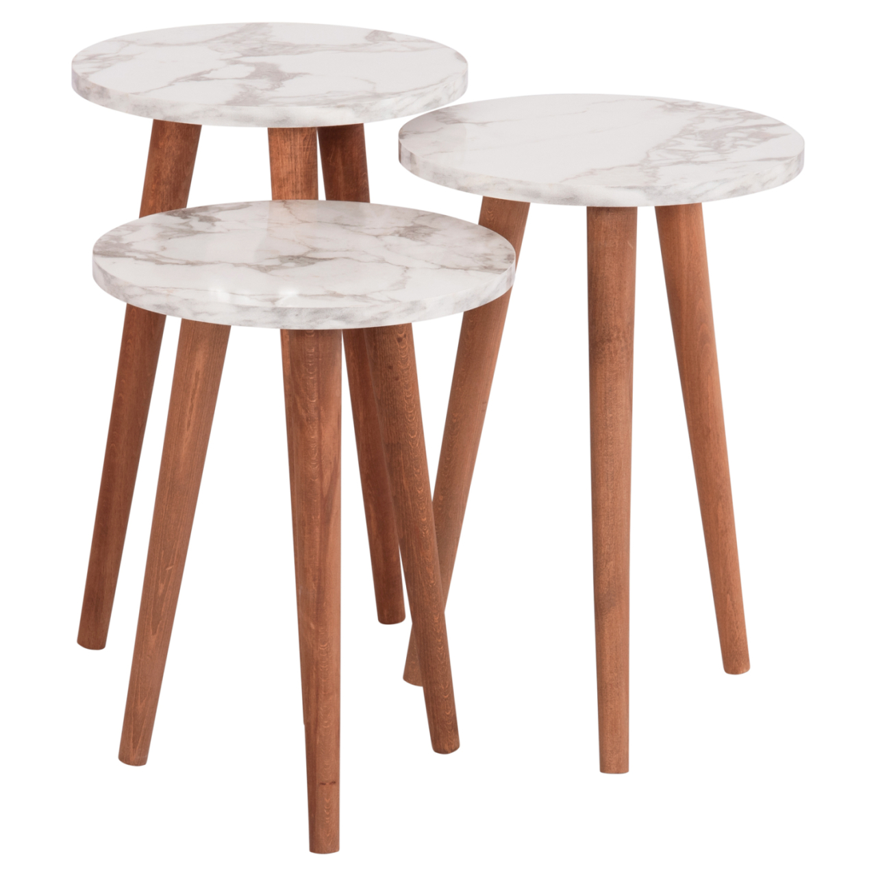 SET OF COFFEE TABLE and 3 SIDE TABLES VITAL HM18180.03 MELAMINE IN WHITE MARBLE-WOODEN LEGS IN WALNUT [5]
