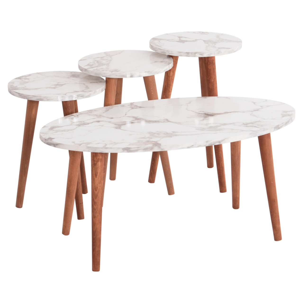 SET OF COFFEE TABLE and 3 SIDE TABLES VITAL HM18180.03 MELAMINE IN WHITE MARBLE-WOODEN LEGS IN WALNUT [4]