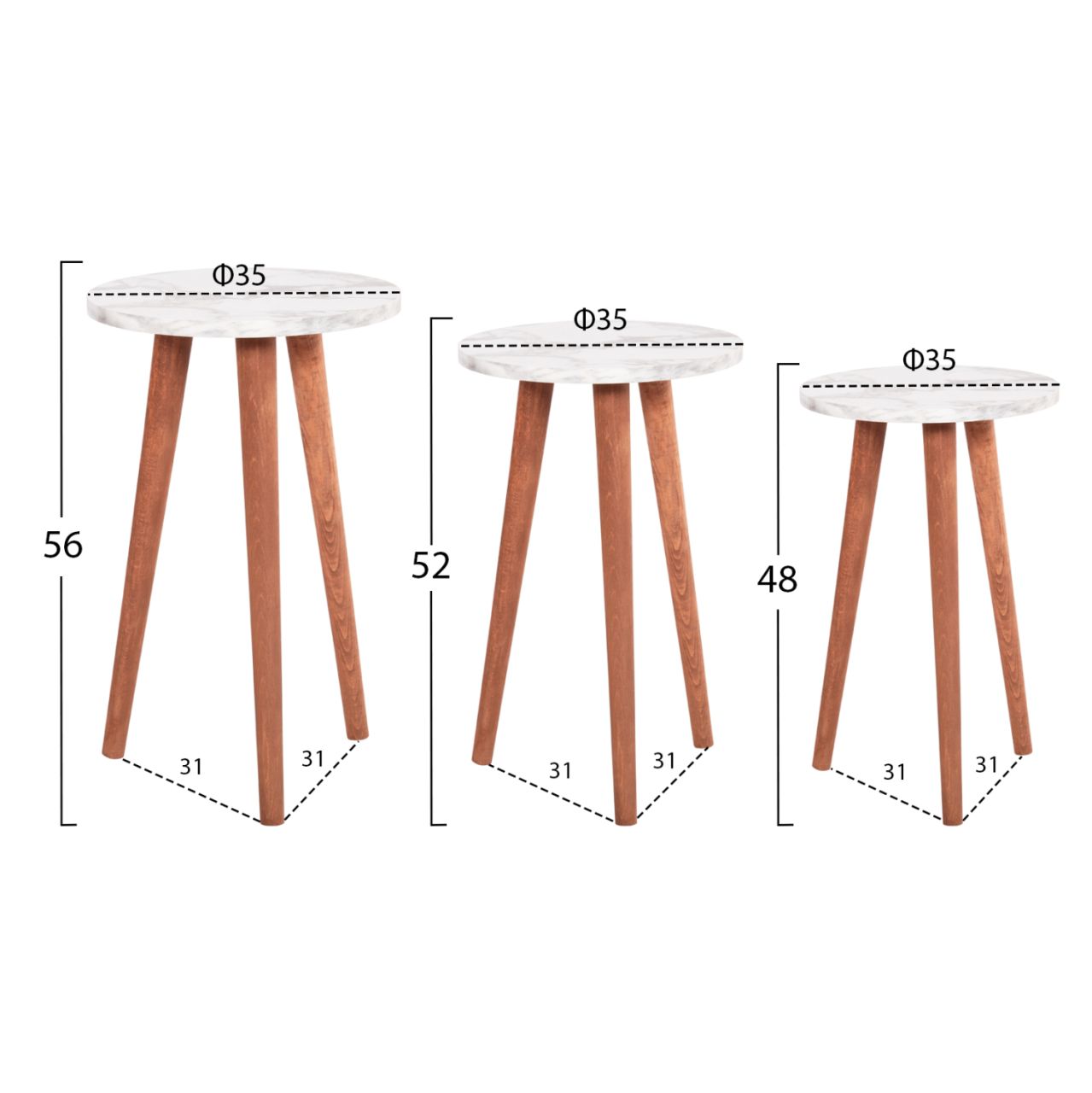 SET OF COFFEE TABLE and 3 SIDE TABLES VITAL HM18180.03 MELAMINE IN WHITE MARBLE-WOODEN LEGS IN WALNUT [2]