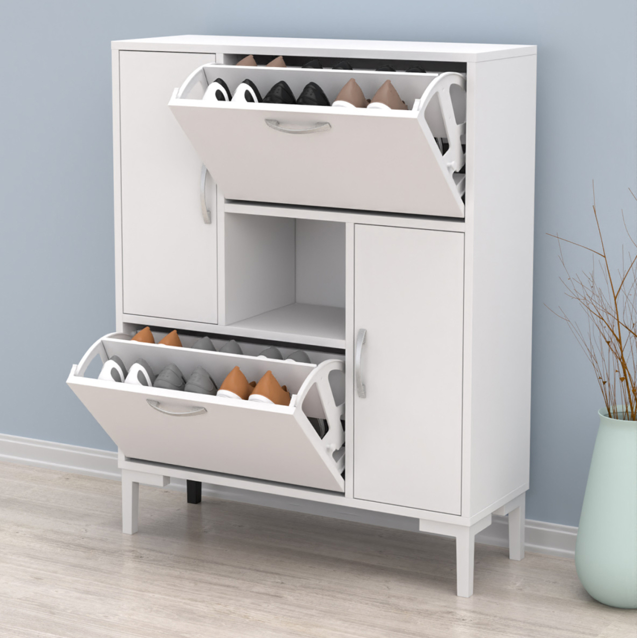 SHOE CABINET MEDY HM18187.03 MELAMINE IN WHITE-WHITE LEGS 86,5x30x109Hcm. [5]