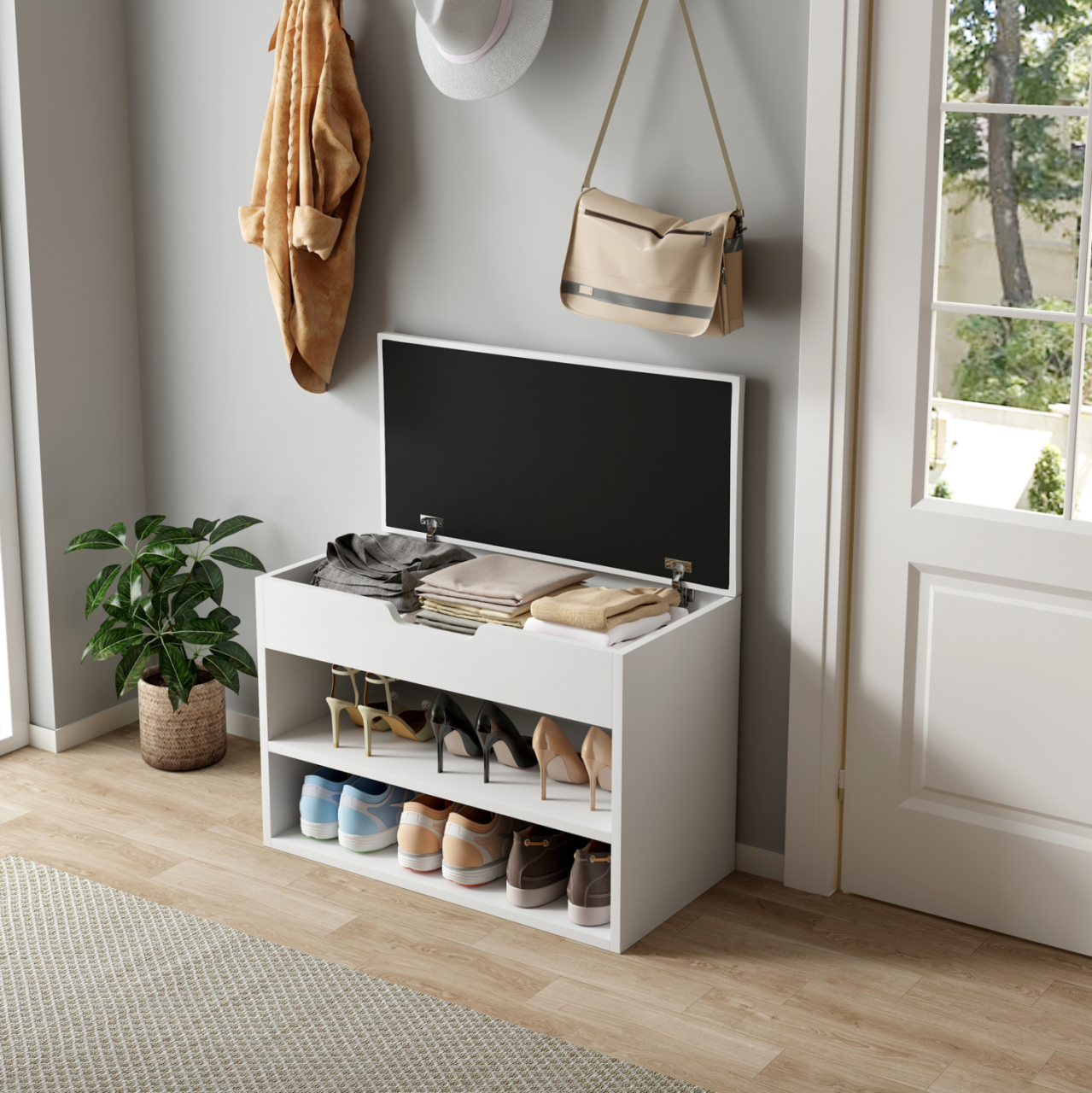 SHOE RACK WITH SEAT ROMIR HM2477.03 MELAMINE IN WHITE-WHITE PU SEAT 60x30x44Hcm. [4]