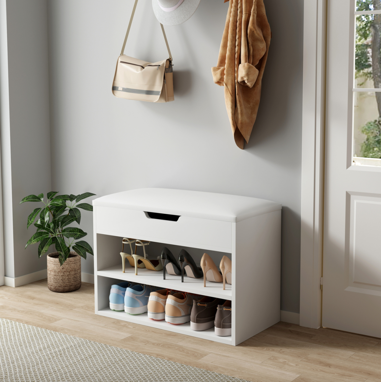 SHOE RACK WITH SEAT ROMIR HM2477.03 MELAMINE IN WHITE-WHITE PU SEAT 60x30x44Hcm. [3]