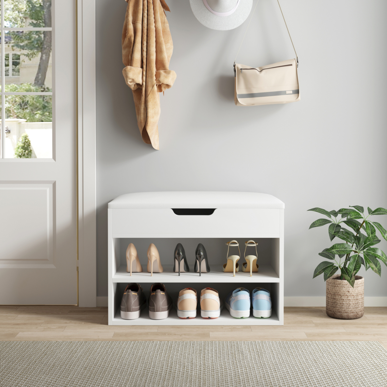 SHOE RACK WITH SEAT ROMIR HM2477.03 MELAMINE IN WHITE-WHITE PU SEAT 60x30x44Hcm. [5]