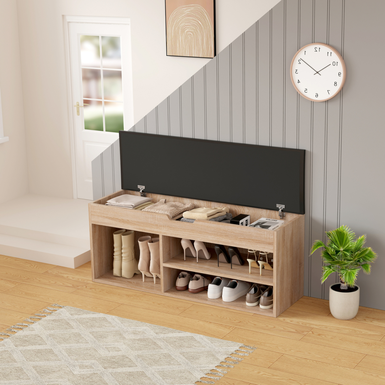 SHOE RACK WITH SEAT ROMIR HM2478.01 MELAMINE IN SONAMA-BROWN SEAT 100x30x44Hcm. [4]