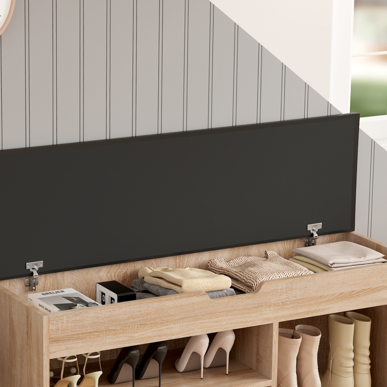 SHOE RACK WITH SEAT ROMIR HM2478.01 MELAMINE IN SONAMA-BROWN SEAT 100x30x44Hcm. [6]