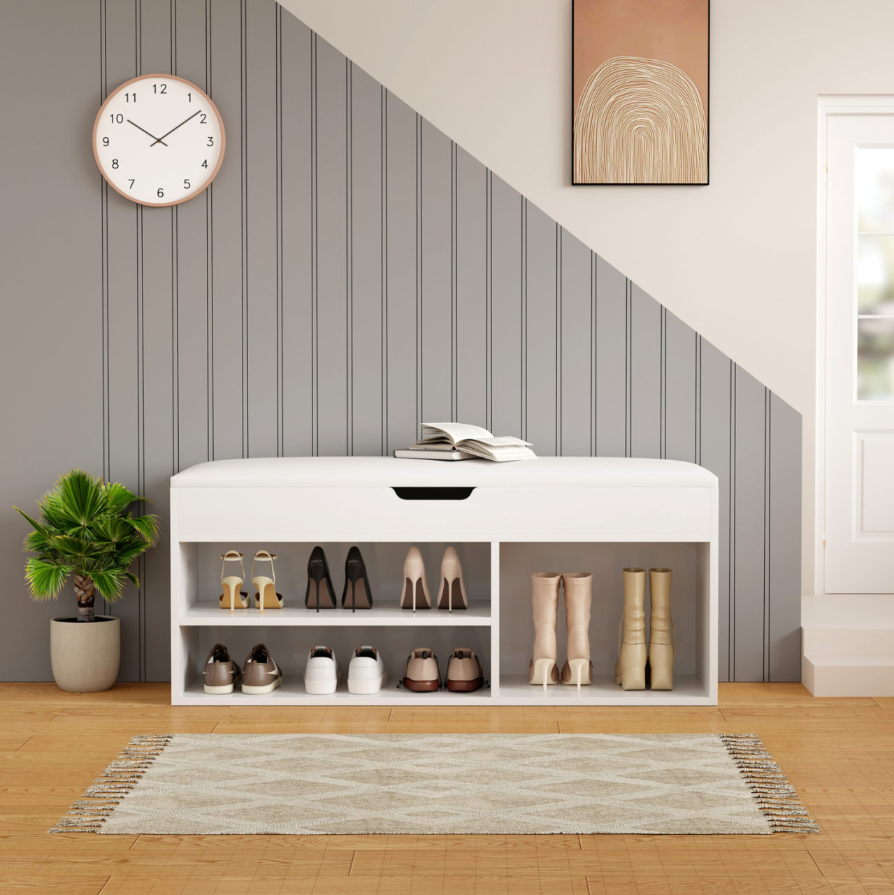 SHOE RACK WITH SEAT ROMIR HM2478.03 MELAMINE IN WHITE-WHITE SEAT 100x30x44Hcm. [5]
