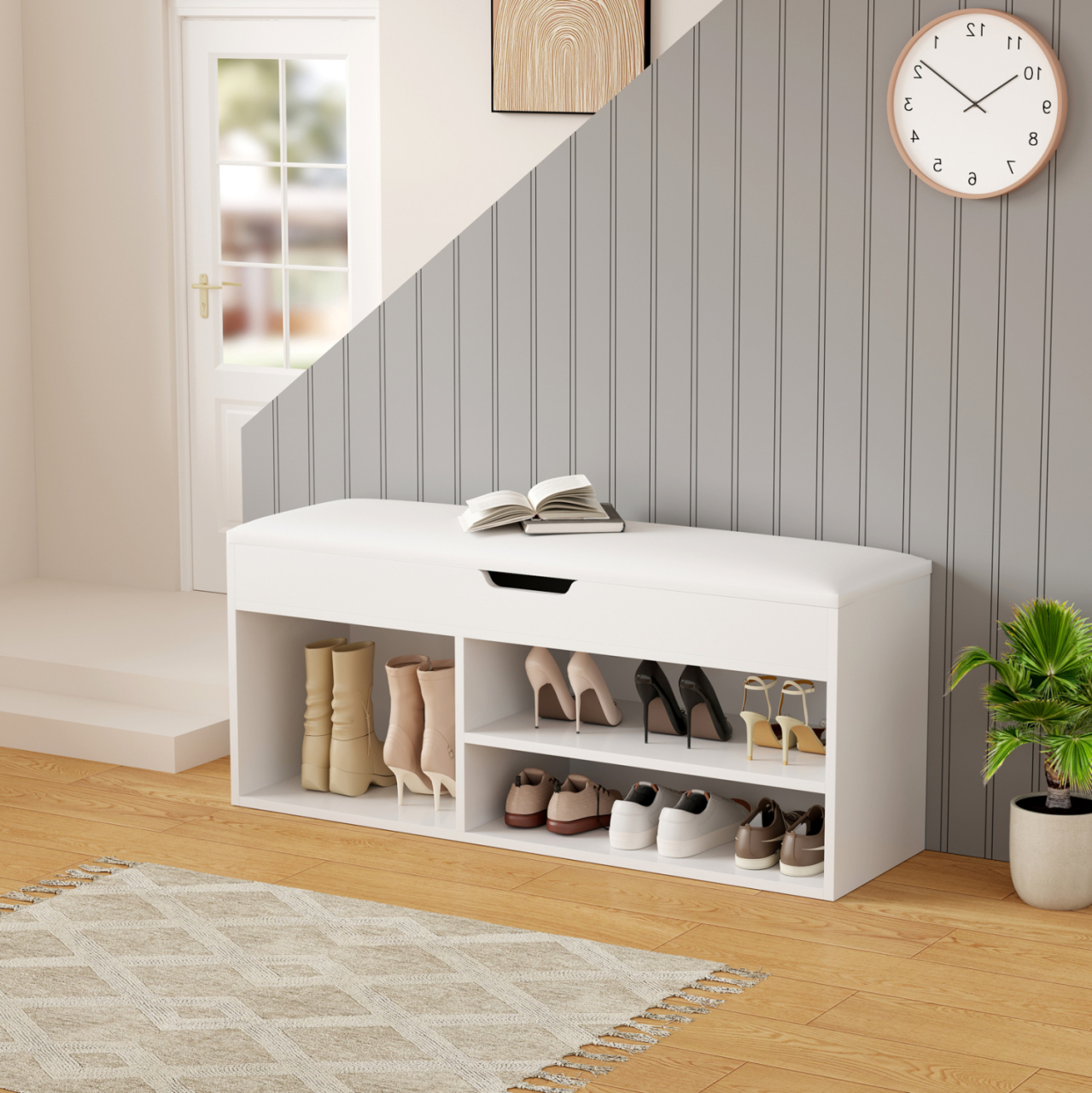 SHOE RACK WITH SEAT ROMIR HM2478.03 MELAMINE IN WHITE-WHITE SEAT 100x30x44Hcm. [3]