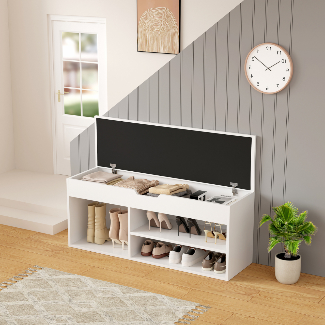 SHOE RACK WITH SEAT ROMIR HM2478.03 MELAMINE IN WHITE-WHITE SEAT 100x30x44Hcm. [4]