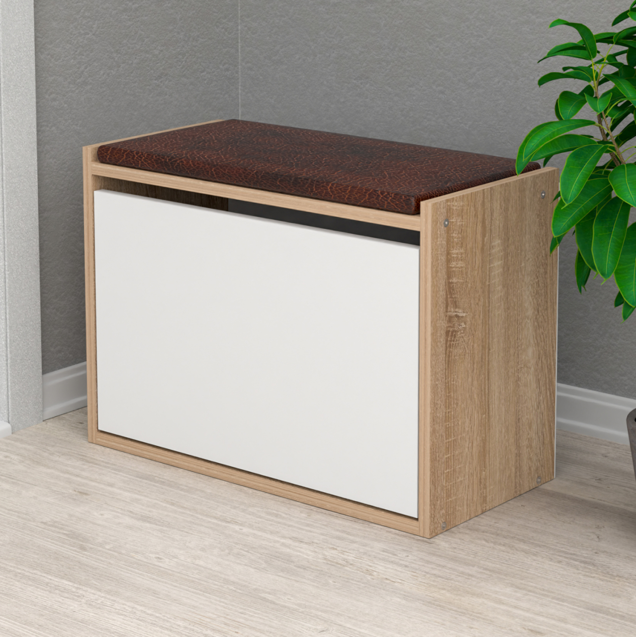 SHOE RACK WITH SEAT VIDAL HM18190.01 MELAMINE IN SONAMA-WHITE 60x30x45Hcm. [4]