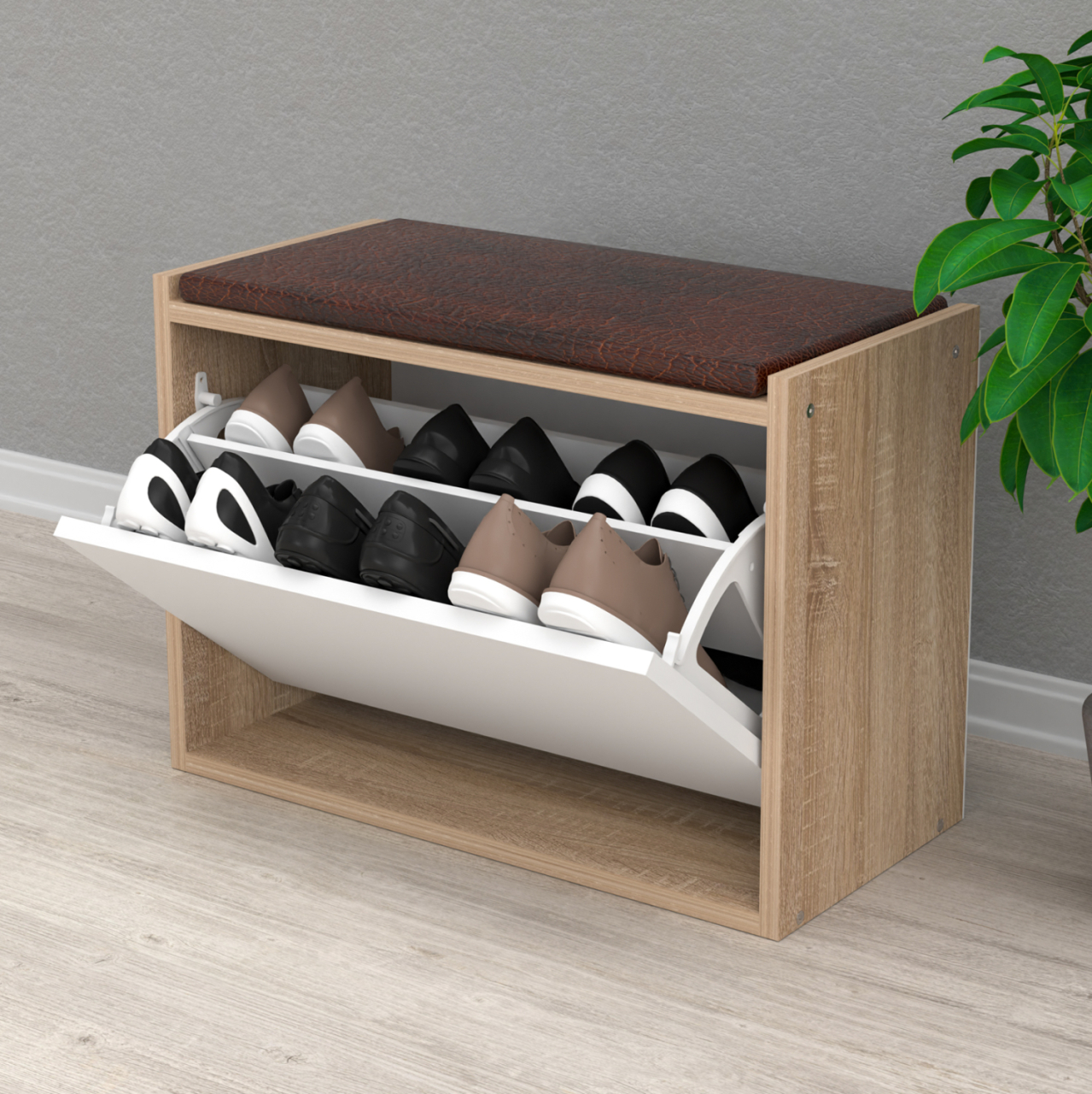 SHOE RACK WITH SEAT VIDAL HM18190.01 MELAMINE IN SONAMA-WHITE 60x30x45Hcm. [2]