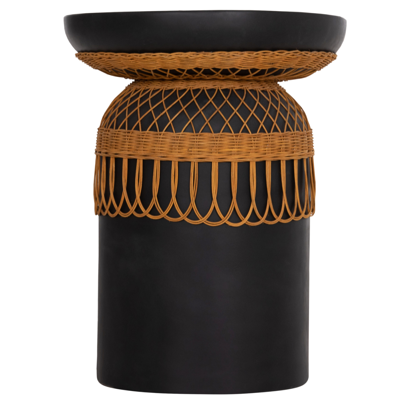 SIDE TABLE ROUND PRILEP HM18159.01 FIBER CEMENT IN BLACK and RATTAN--Φ60x76.5Hcm. [3]