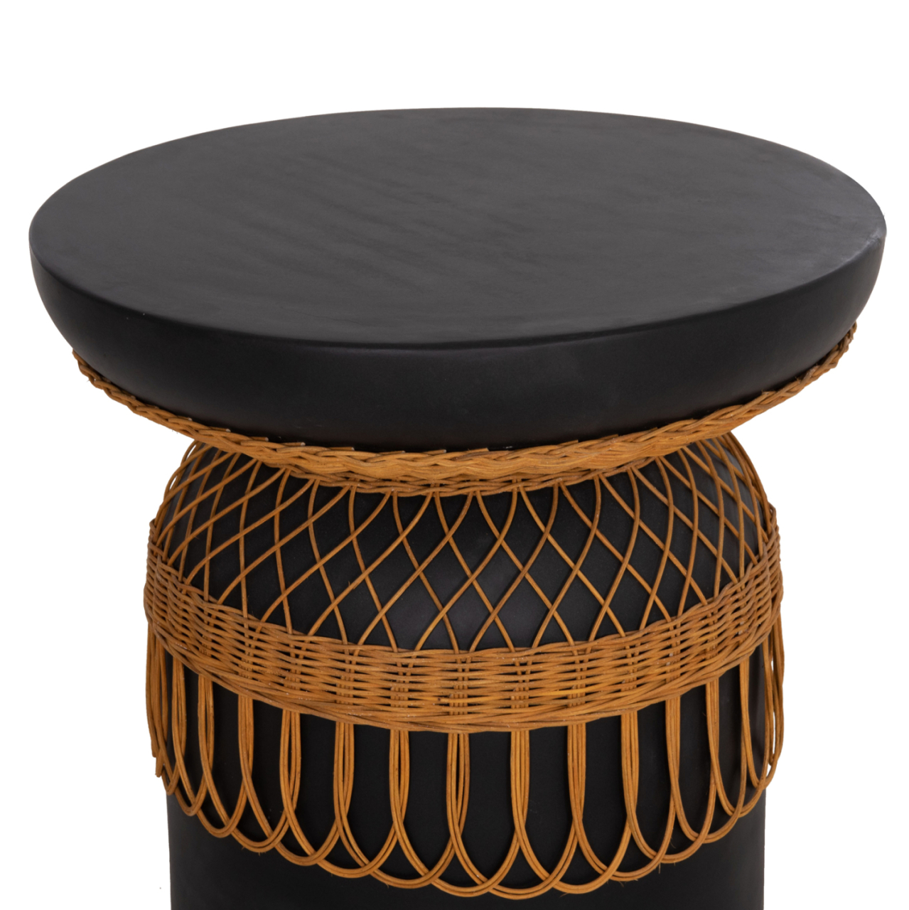 SIDE TABLE ROUND PRILEP HM18159.01 FIBER CEMENT IN BLACK and RATTAN--Φ60x76.5Hcm. [7]