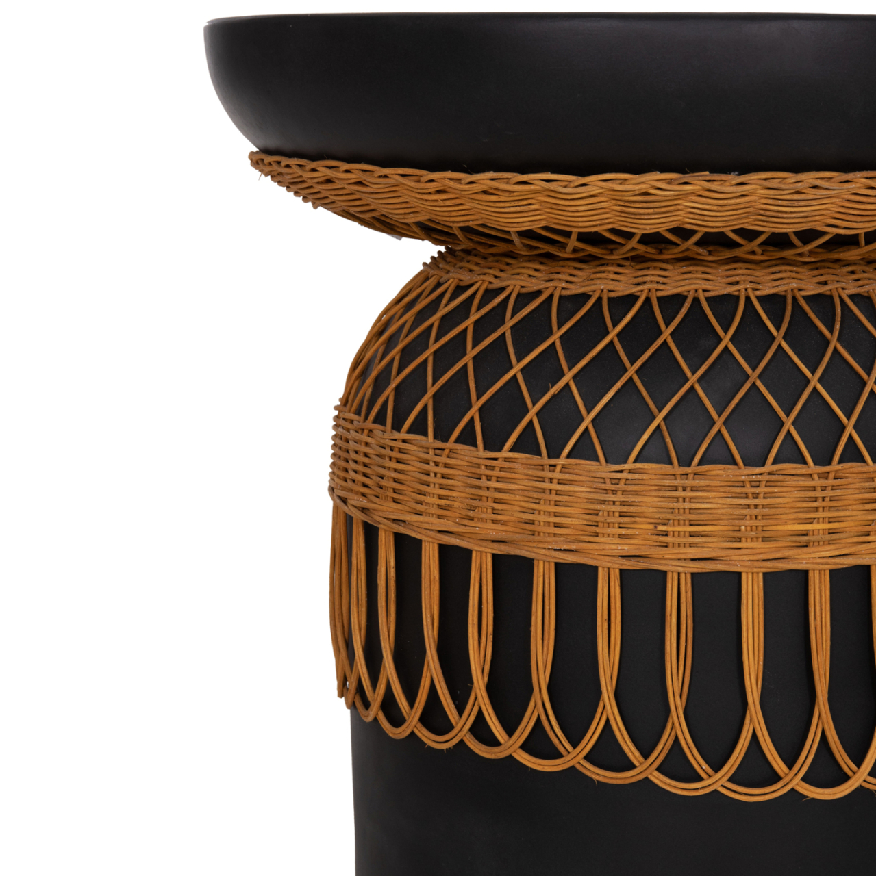 SIDE TABLE ROUND PRILEP HM18159.01 FIBER CEMENT IN BLACK and RATTAN--Φ60x76.5Hcm. [8]