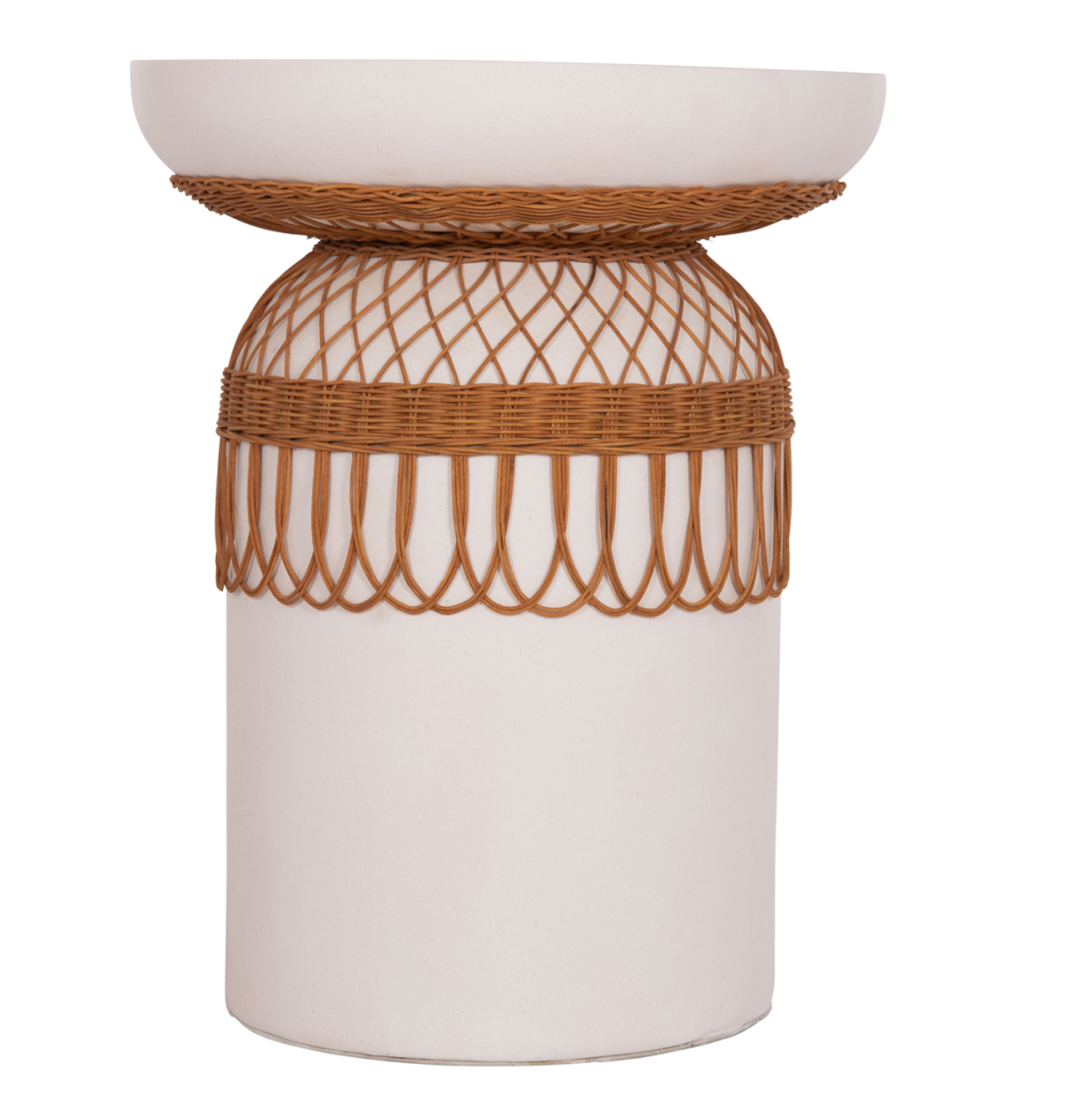SIDE TABLE ROUND PRILEP HM18159.02 FIBER CEMENT IN WHITE and RATTAN--Φ60x76.5Hcm. [3]