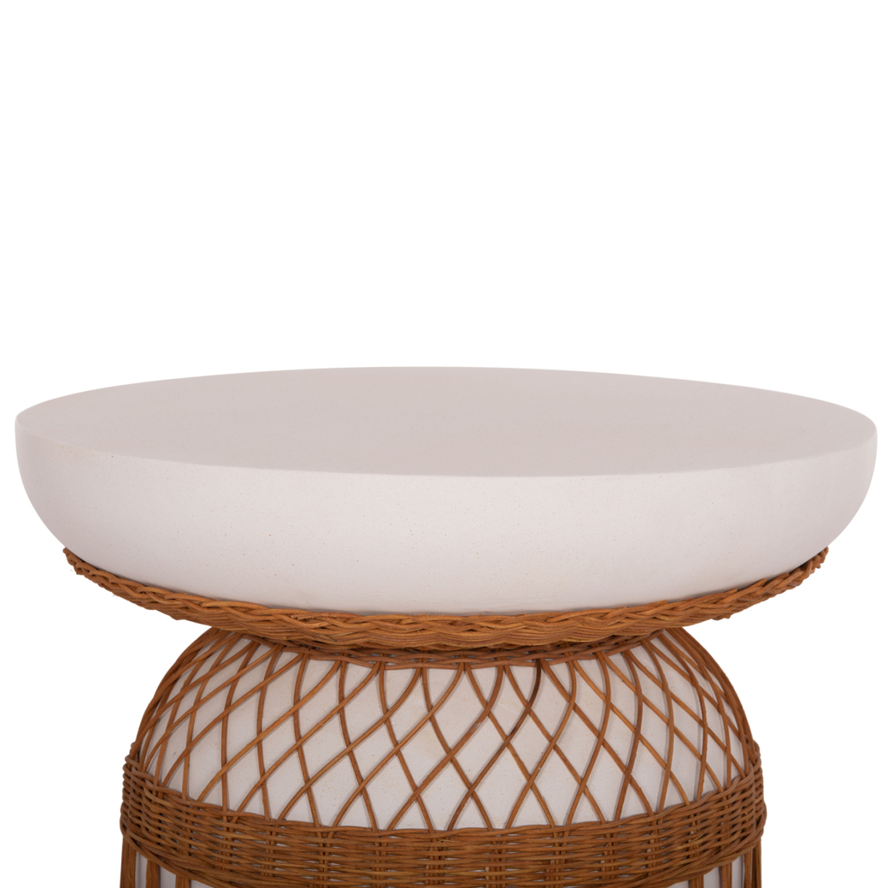 SIDE TABLE ROUND PRILEP HM18159.02 FIBER CEMENT IN WHITE and RATTAN--Φ60x76.5Hcm. [4]