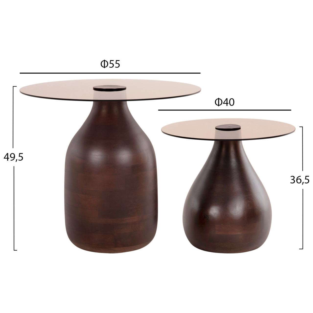SIDE TABLES 2PCS CHANG HM9668 MANGO WOOD IN BROWN-GLASS TOP Φ55x49,5H and Φ40x36,5H cm. [2]