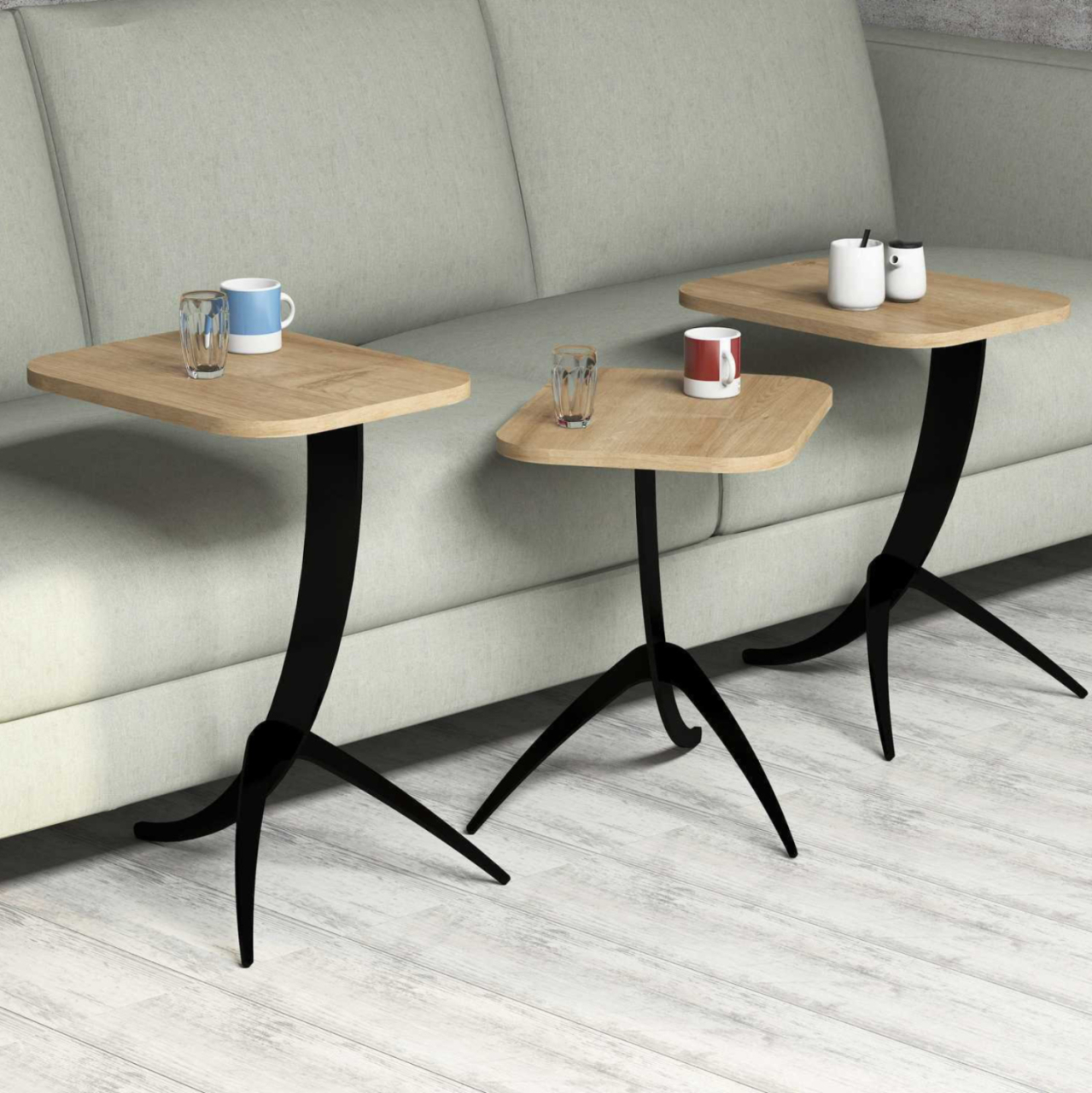 SIDE TABLES 3PCS HM9508.01 MELAMINE IN NATURAL OAK-BLACK METAL LEGS 35x45x60Hcm. [4]