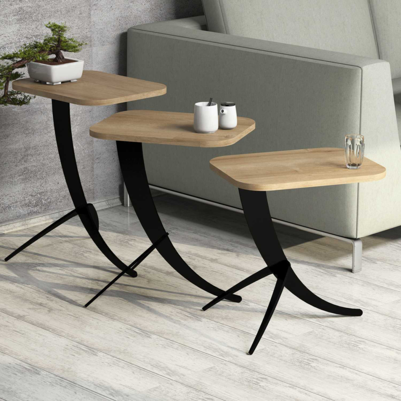 SIDE TABLES 3PCS HM9508.01 MELAMINE IN NATURAL OAK-BLACK METAL LEGS 35x45x60Hcm. [3]