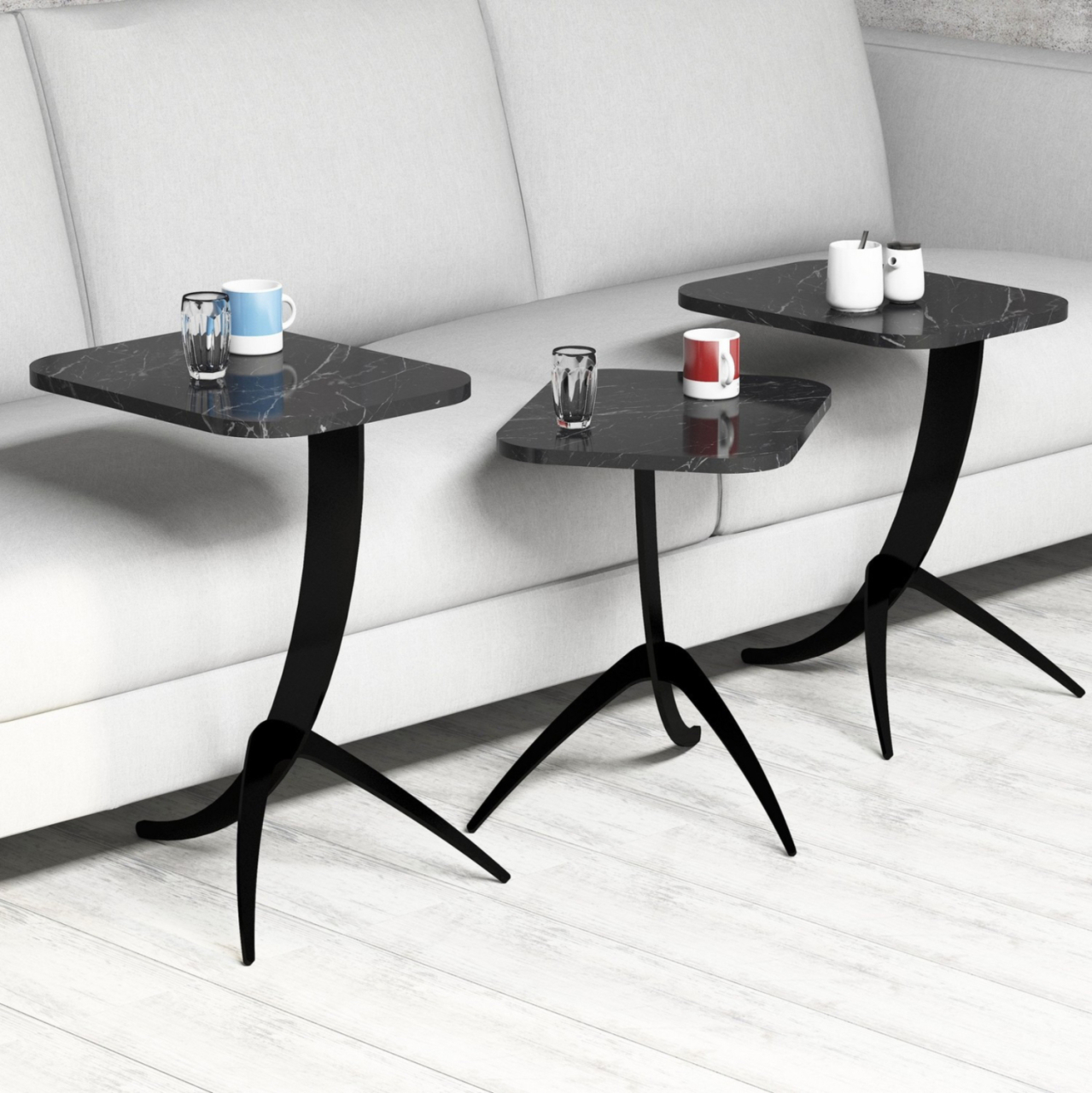 SIDE TABLES 3PCS HM9508.02 MELAMINE BLACK MARBLE LOOK-BLACK METAL LEGS 35x45x60Hcm. [4]