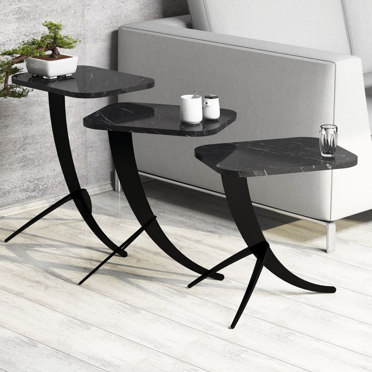 SIDE TABLES 3PCS HM9508.02 MELAMINE BLACK MARBLE LOOK-BLACK METAL LEGS 35x45x60Hcm. [3]