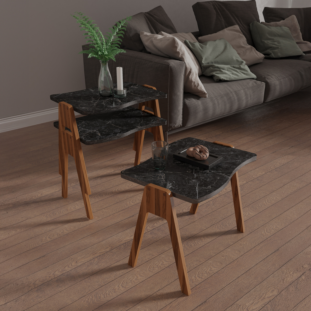 SIDE TABLES 3PCS SET ESSENT HM18175.02 MELAMINE IN WALNUT-BLACK MARBLE TOP 45x35x40Hcm. [2]