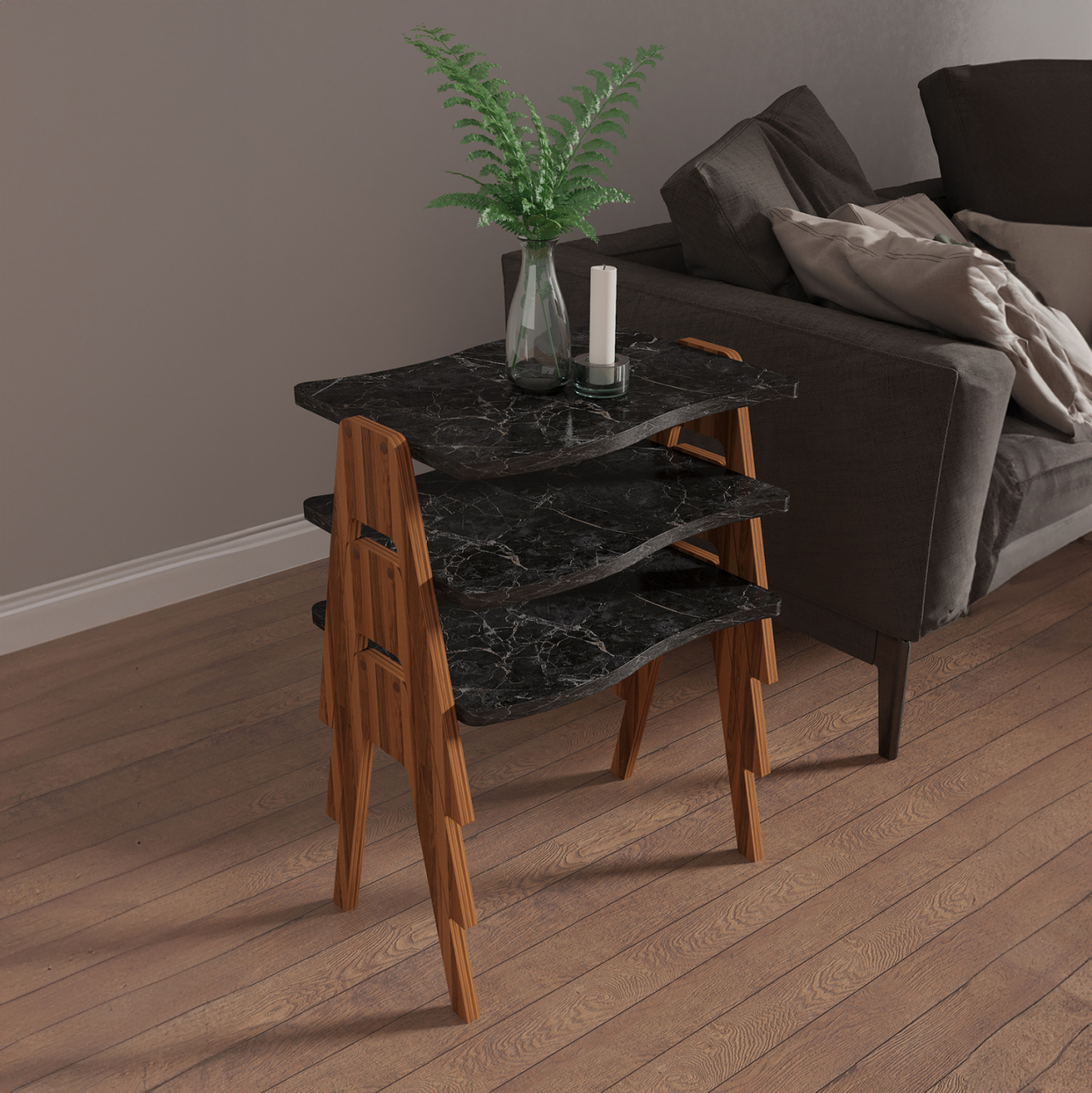 SIDE TABLES 3PCS SET ESSENT HM18175.02 MELAMINE IN WALNUT-BLACK MARBLE TOP 45x35x40Hcm. [3]