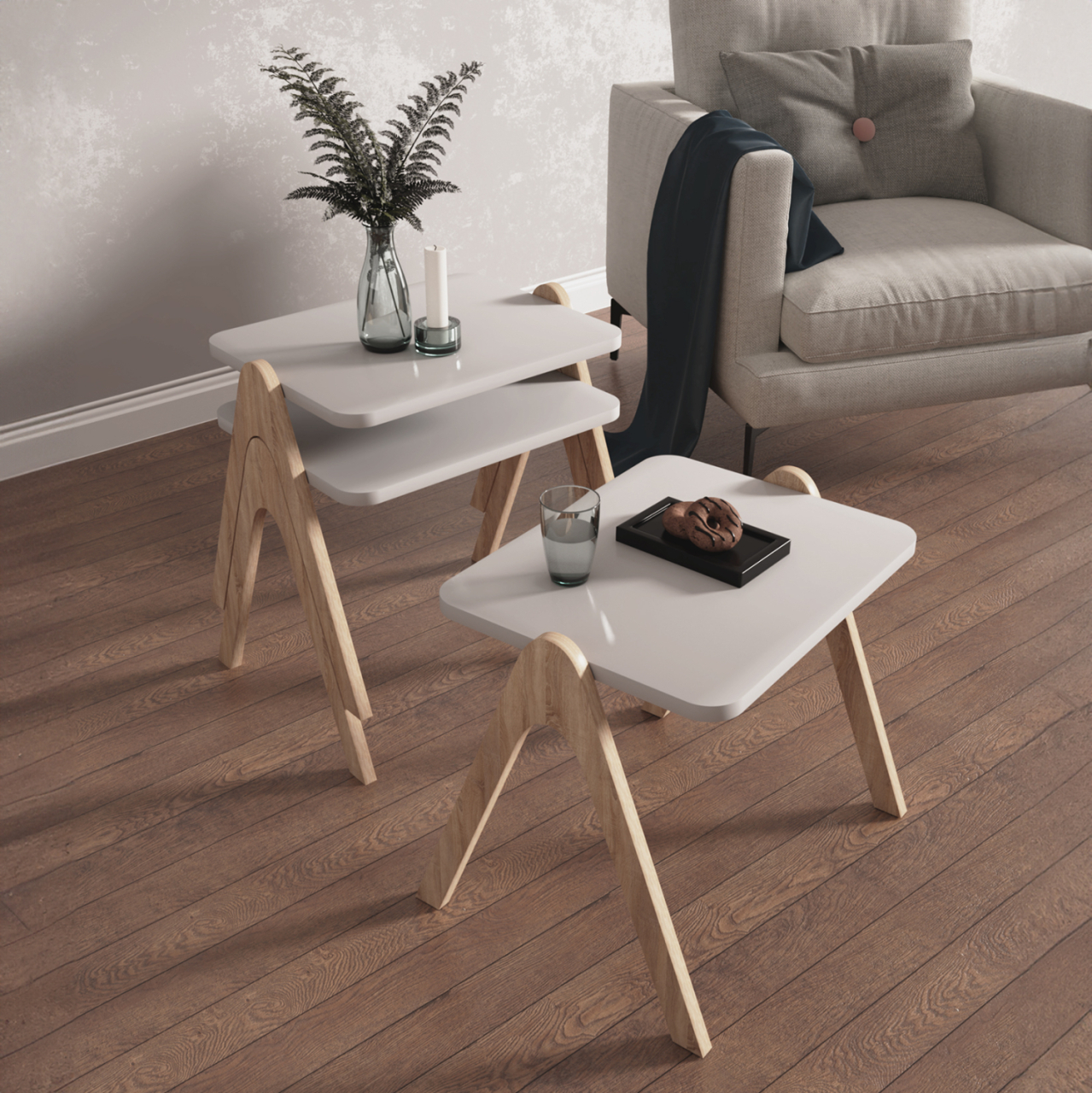 SIDE TABLES 3PCS SET REACHER HM18176.01 MELAMINE IN SONAMA-WHITE 40x30x40Hcm. [3]