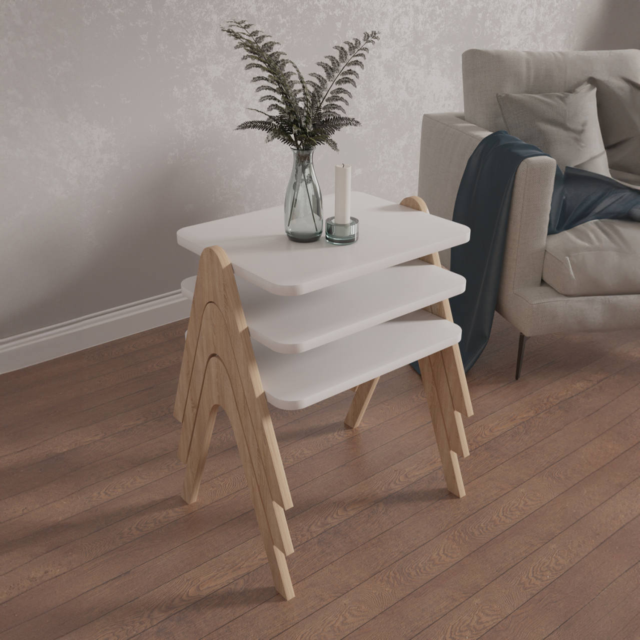 SIDE TABLES 3PCS SET REACHER HM18176.01 MELAMINE IN SONAMA-WHITE 40x30x40Hcm. [2]