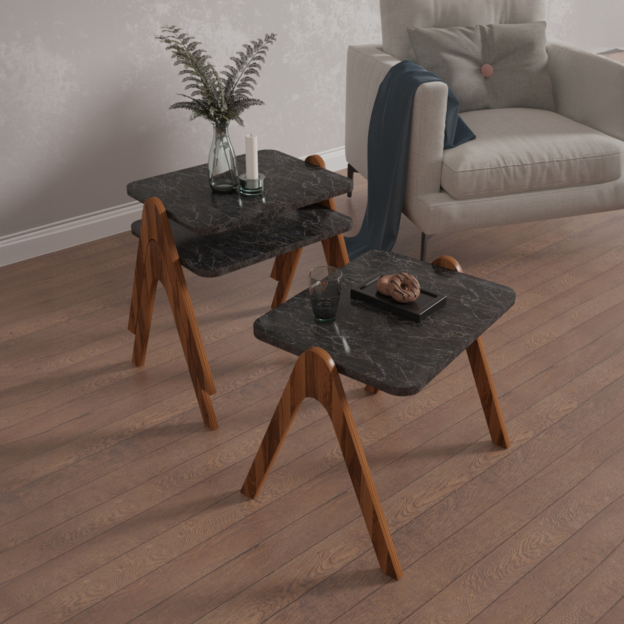 SIDE TABLES 3PCS SET REACHER HM18176.02 MELAMINE IN WALNUT-BLACK MARBLE TOP 40x30x40Hcm. [3]