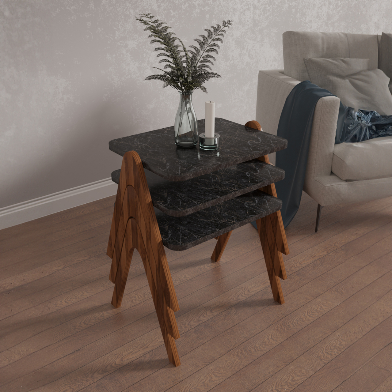 SIDE TABLES 3PCS SET REACHER HM18176.02 MELAMINE IN WALNUT-BLACK MARBLE TOP 40x30x40Hcm. [2]