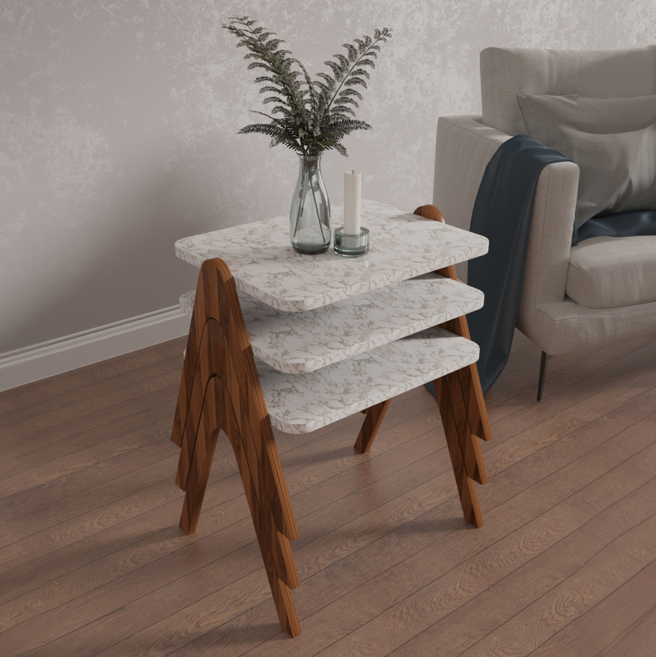 SIDE TABLES 3PCS SET REACHER HM18176.03 MELAMINE IN WALNUT-WHITE MARBLE TOP 40x30x40Hcm. [2]