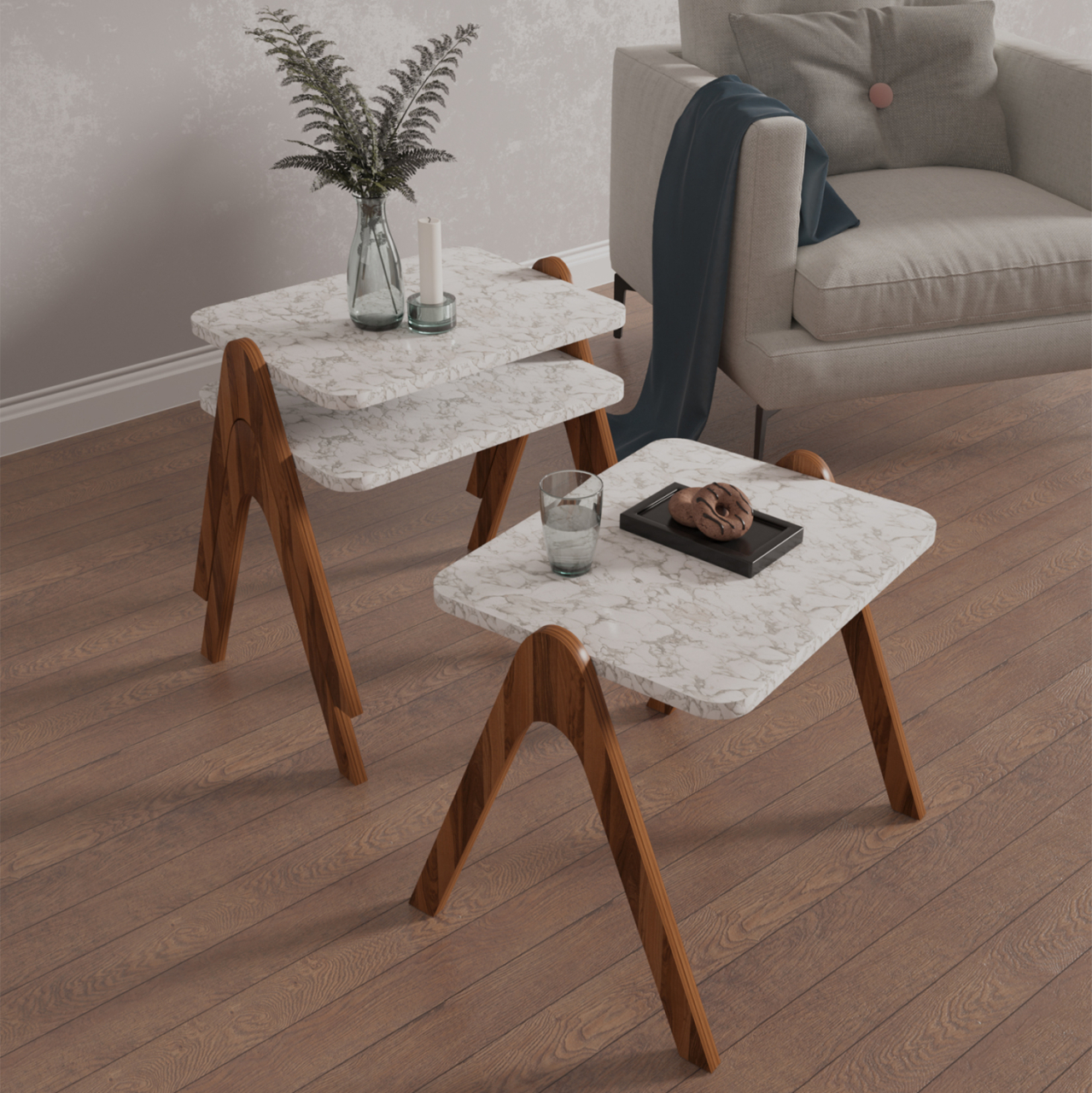 SIDE TABLES 3PCS SET REACHER HM18176.03 MELAMINE IN WALNUT-WHITE MARBLE TOP 40x30x40Hcm. [3]