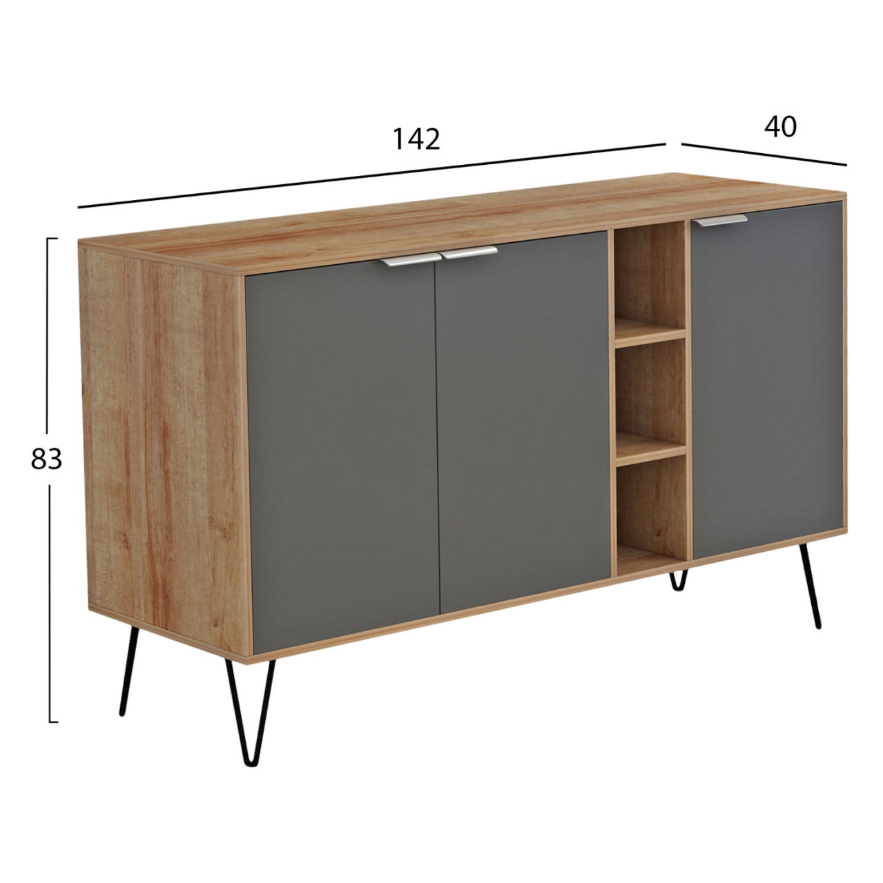 SIDEBOARD CABRON HM8874.11 MELAMINE IN NATURAL-ANTHRACITE and BLACK METAL LEGS 142X40X83Hcm. [2]