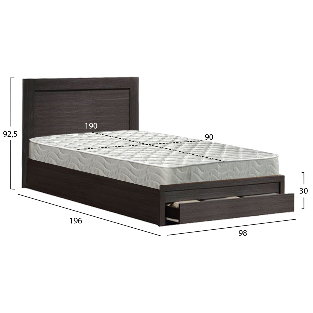 SINGLE BED WITH DRAWER and MATTRESS MELANY HM10745.01 MELAMINE IN ZEBRANO--FOR 90x190cm. [3]