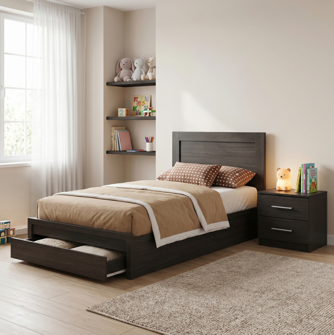 SINGLE BED WITH DRAWER and MATTRESS MELANY HM10745.01 MELAMINE IN ZEBRANO--FOR 90x190cm. [2]