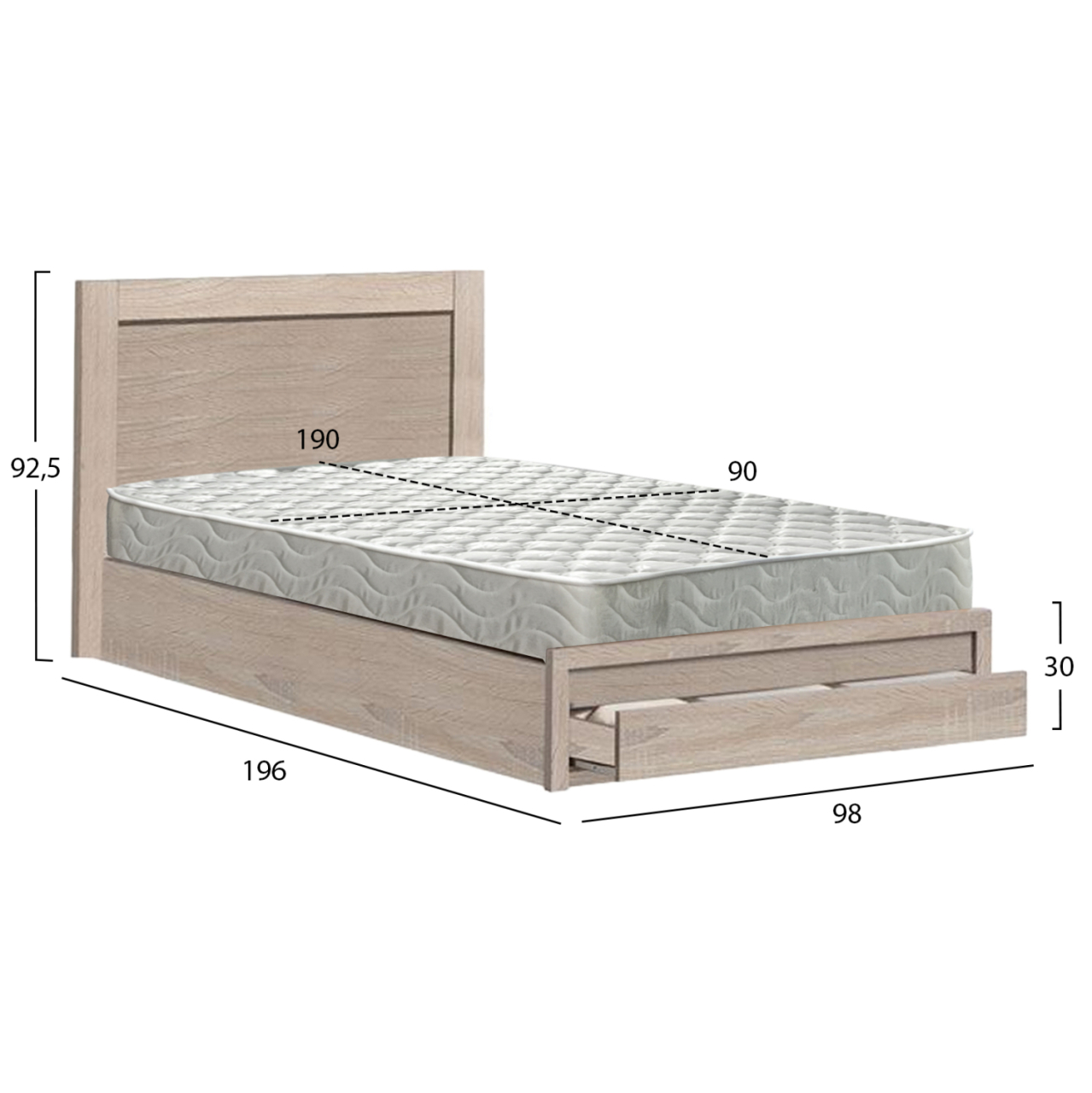 SINGLE BED WITH DRAWER and MATTRESS MELANY HM10745.02 MELAMINE IN SONAMA--FOR 90x190cm. [3]