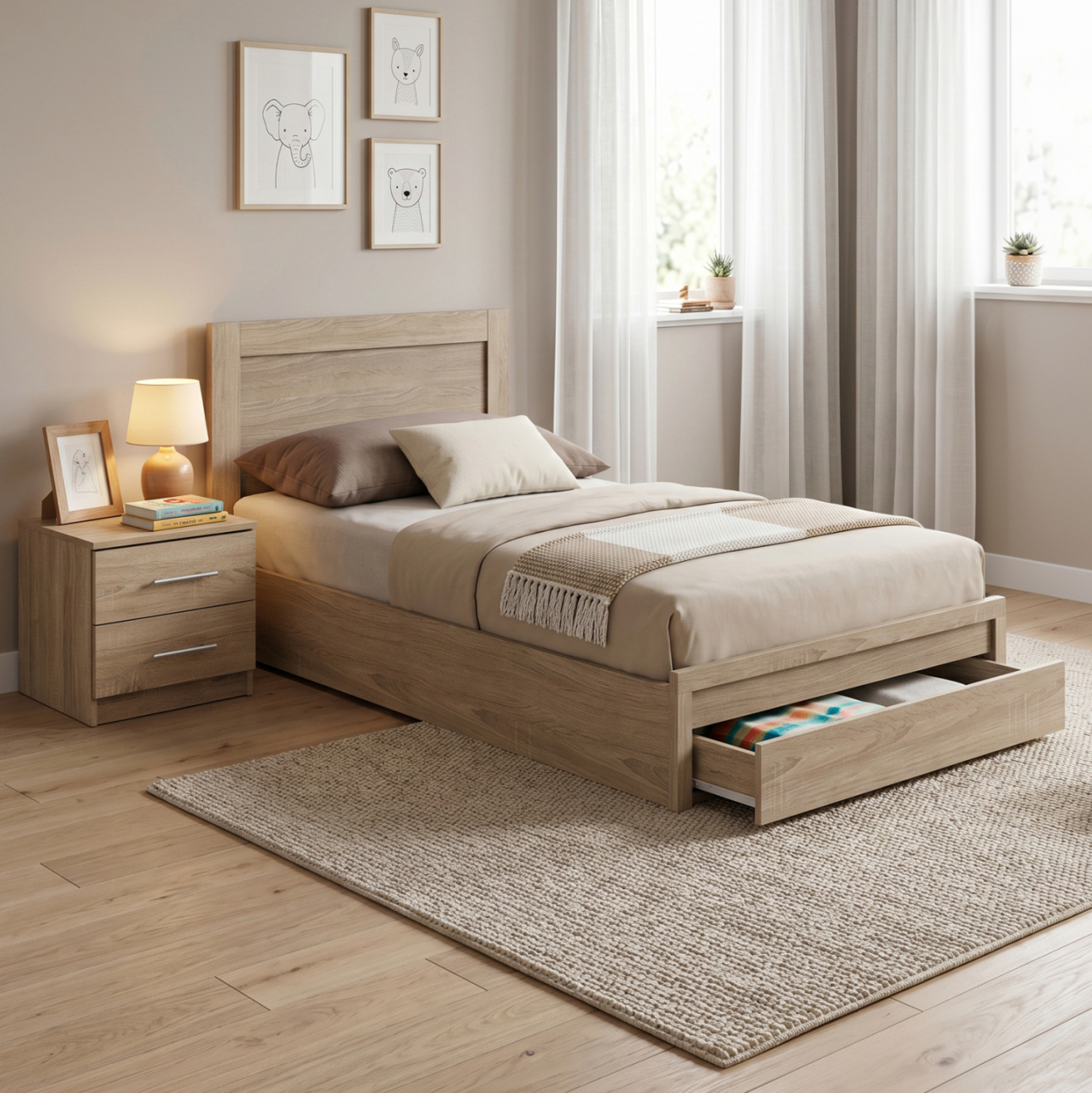 SINGLE BED WITH DRAWER and MATTRESS MELANY HM10745.02 MELAMINE IN SONAMA--FOR 90x190cm. [2]