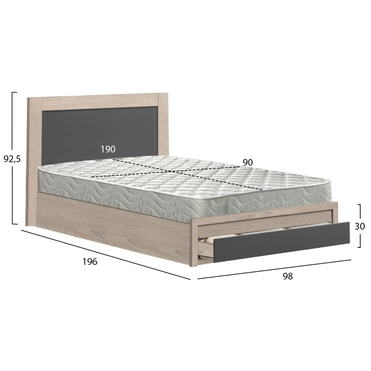 SINGLE BED WITH DRAWER and MATTRESS MELANY HM10745.03 MELAMINE SONAMA/GREY--FOR 90x190cm. [3]