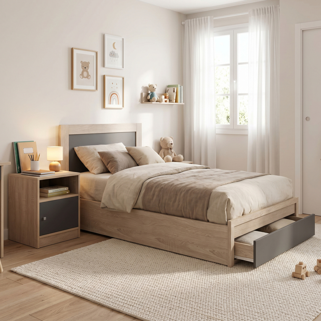 SINGLE BED WITH DRAWER and MATTRESS MELANY HM10745.03 MELAMINE SONAMA/GREY--FOR 90x190cm. [2]